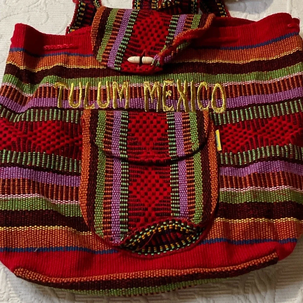 Tulum Mexico Red Striped Woven Tote Bag